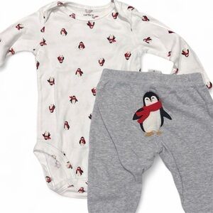 VGUC Carter's White & Gray Penguin Bodysuit-Pant Set with Penguin Decal (6 mos)